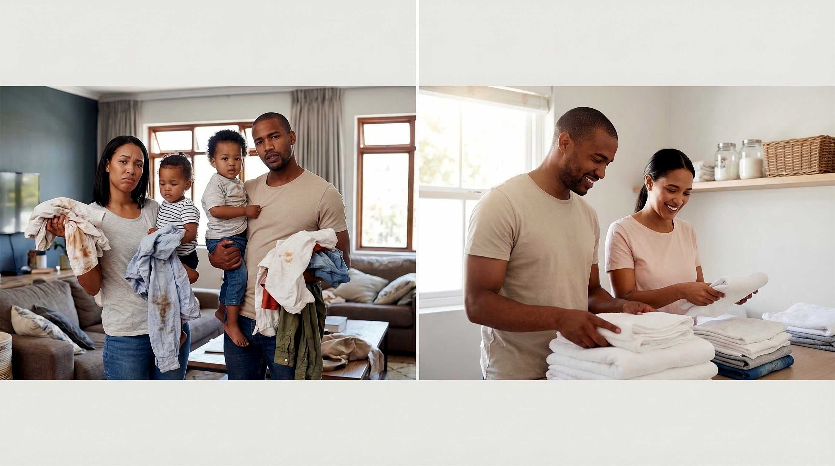Family folding fresh laundry together
