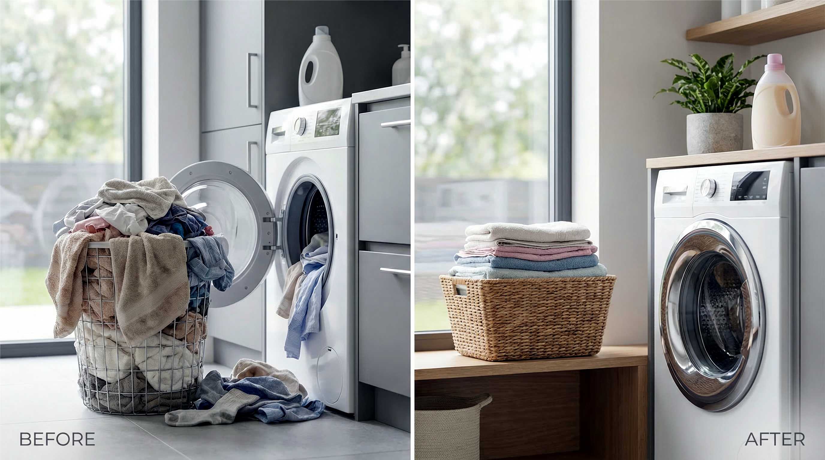 Laundry before washing and after folding
