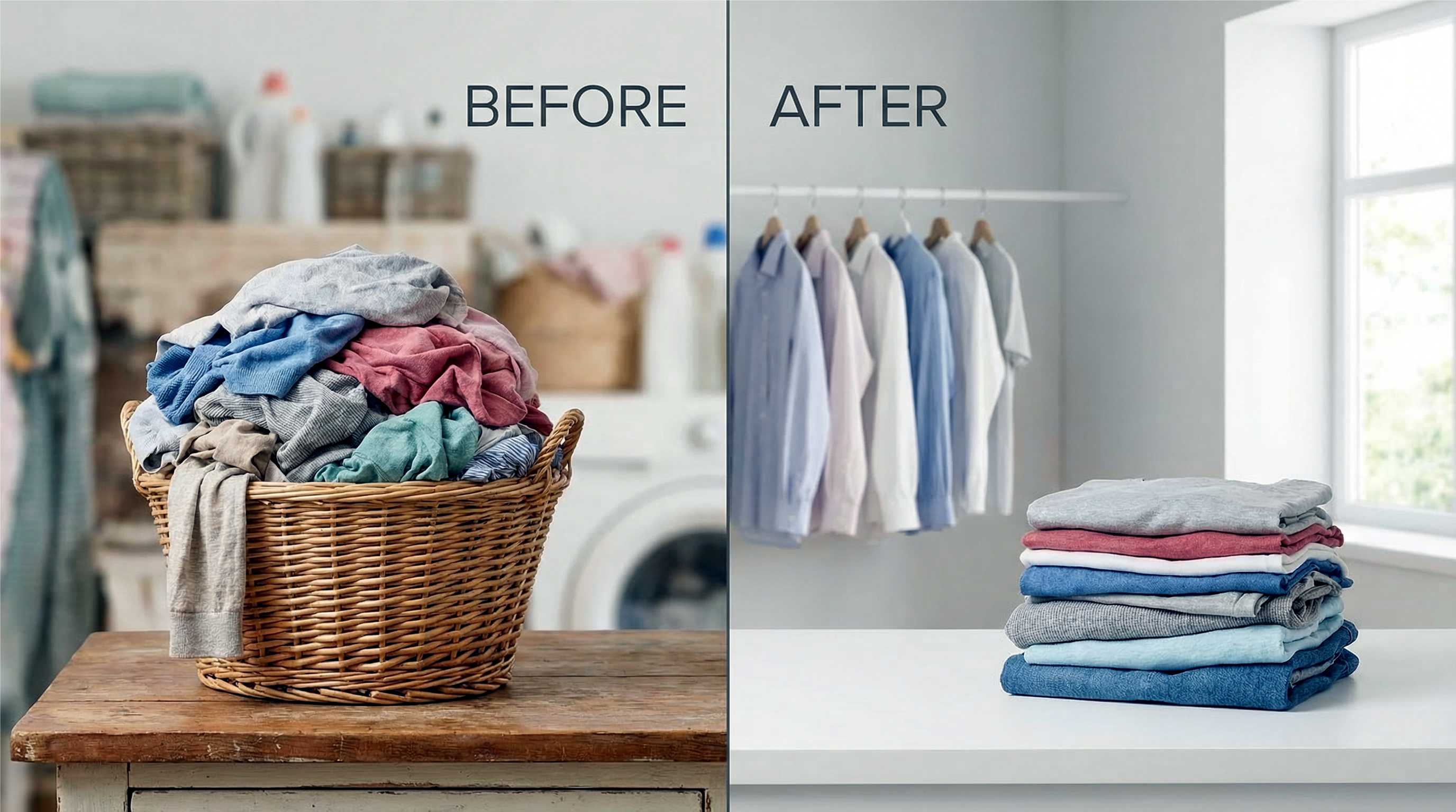 Clothing basket transformed into folded laundry