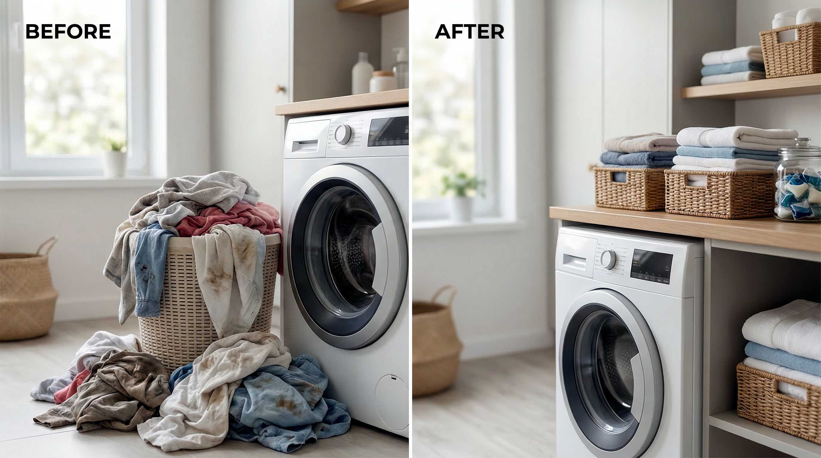 Laundry pile replaced by organized folded linens