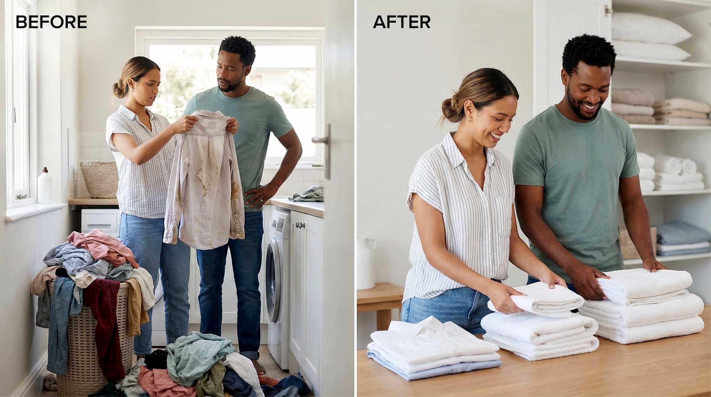 Couple turning a laundry pile into folded stacks