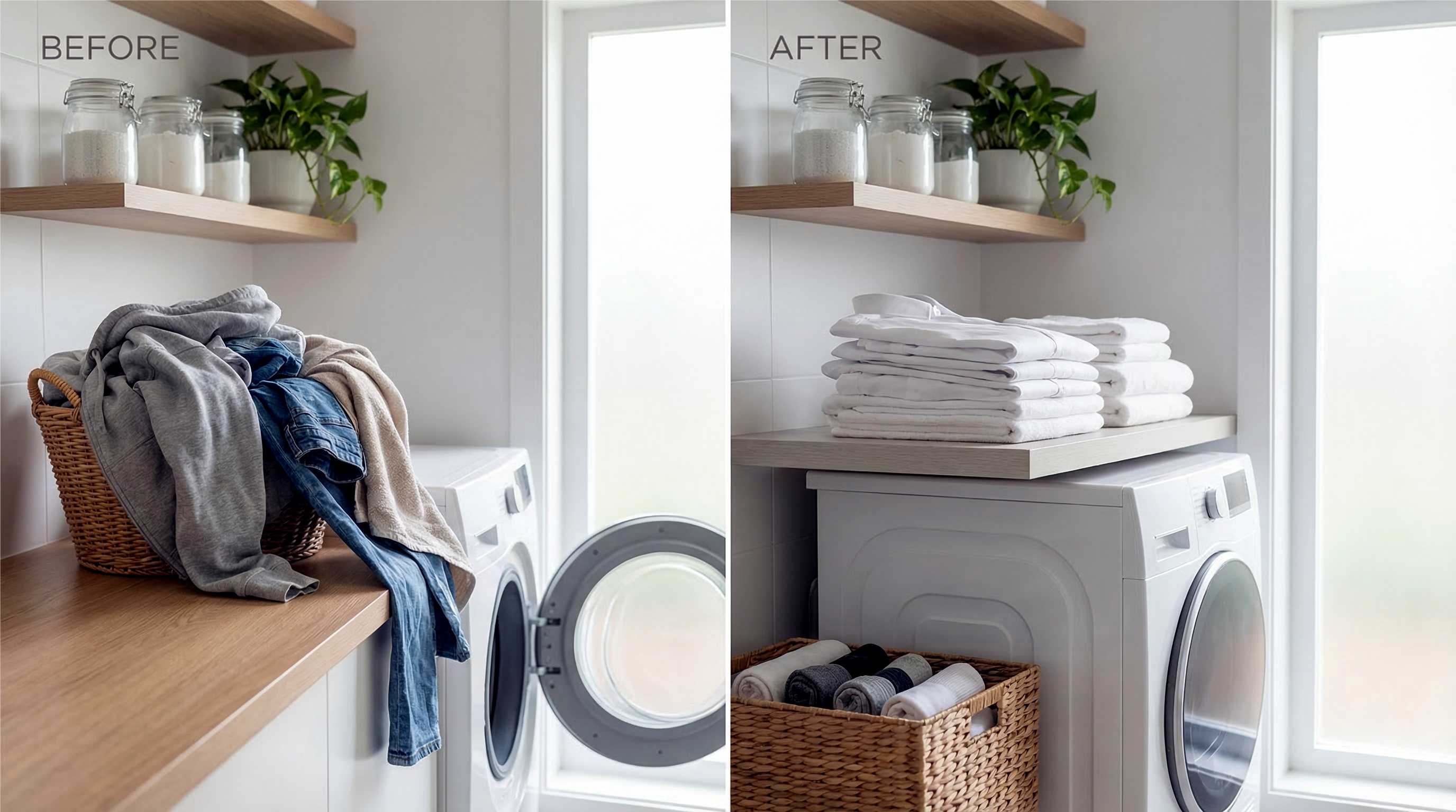 Laundry basket before and after towel folding