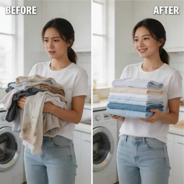 Laundry transformed into neatly folded stacks