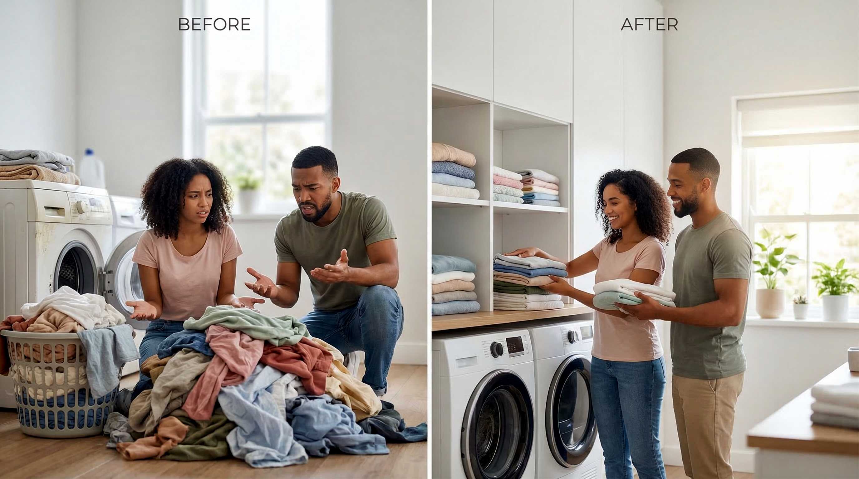 Family sorting laundry at a laundromat