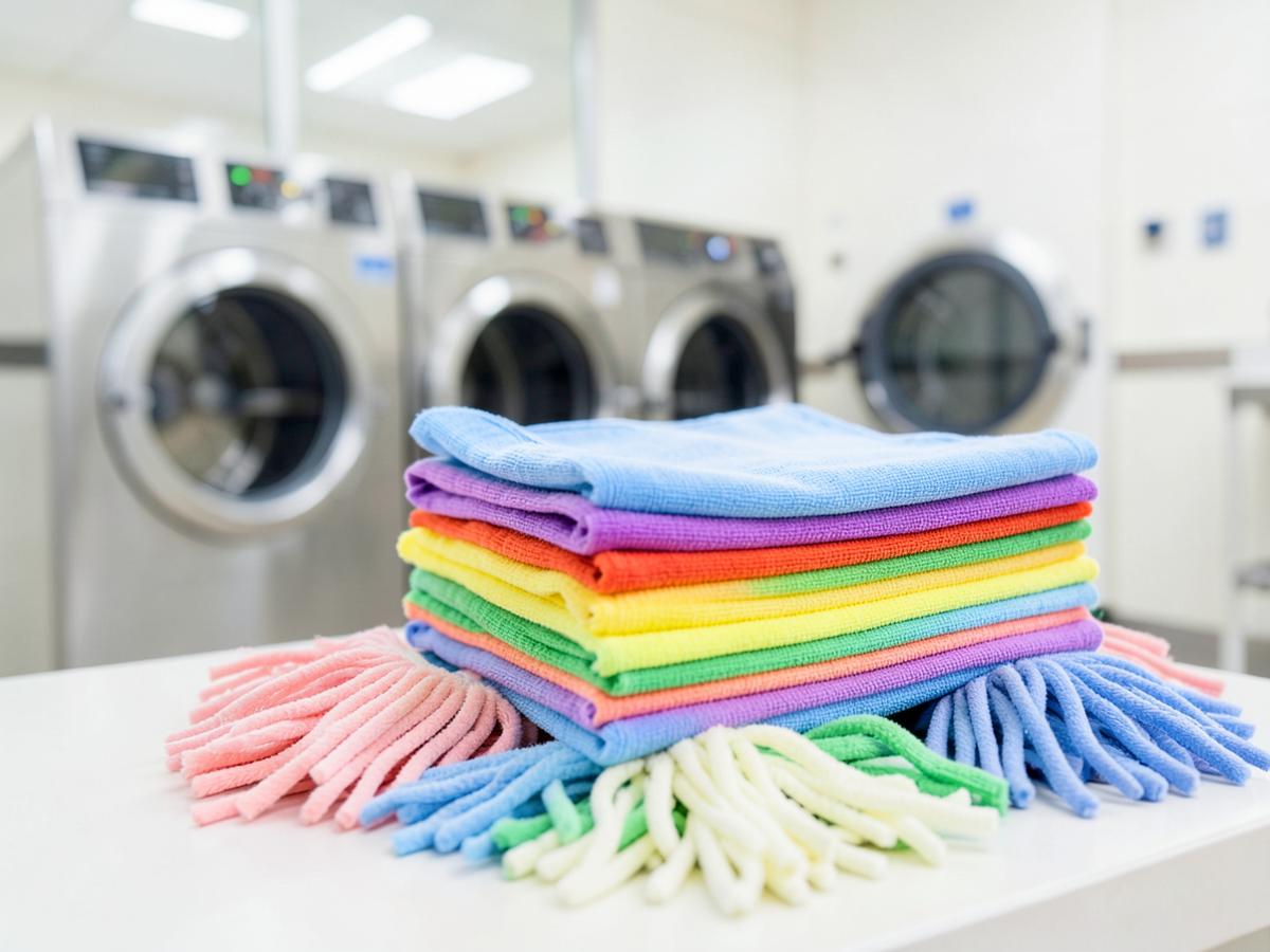 Folded microfibre cloths and mop heads in a professional laundry room
