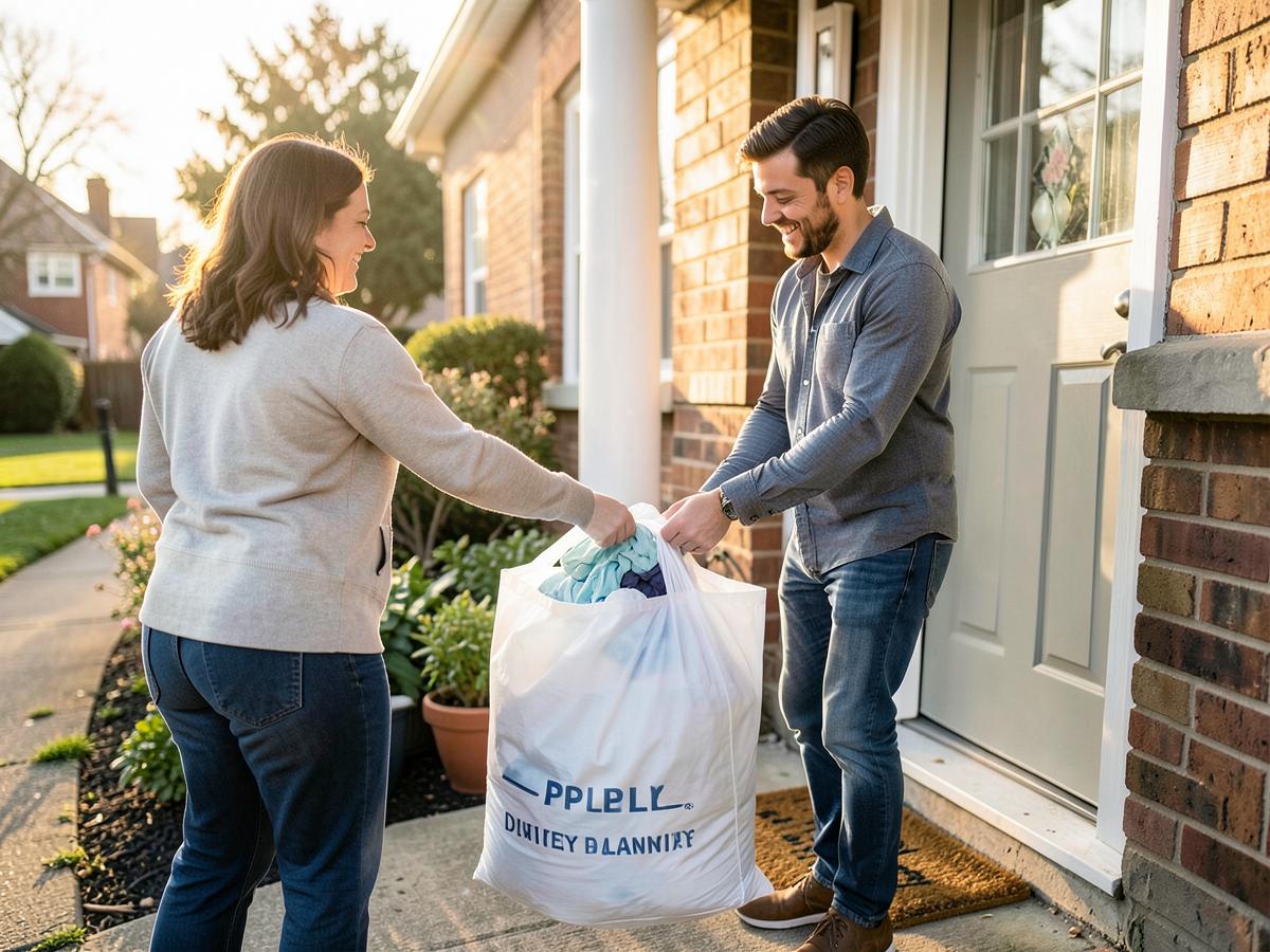 Laundry bag being collected at a customer's front door